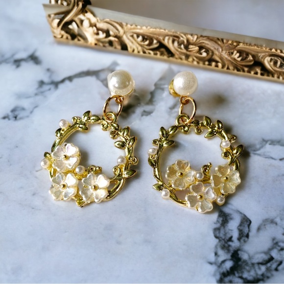 Hand Crafted Jewelry - Handcrafted Bespoke Costume Jewelry Gold-Tone Magnolia Wreath Circle Earrings